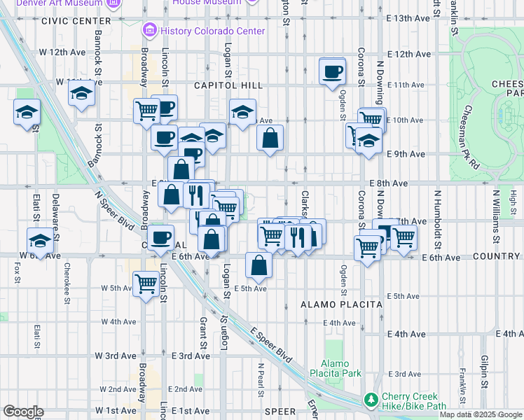 map of restaurants, bars, coffee shops, grocery stores, and more near 727 Pearl Street in Denver