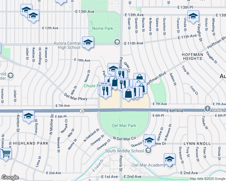 map of restaurants, bars, coffee shops, grocery stores, and more near 757 Peoria Street in Aurora