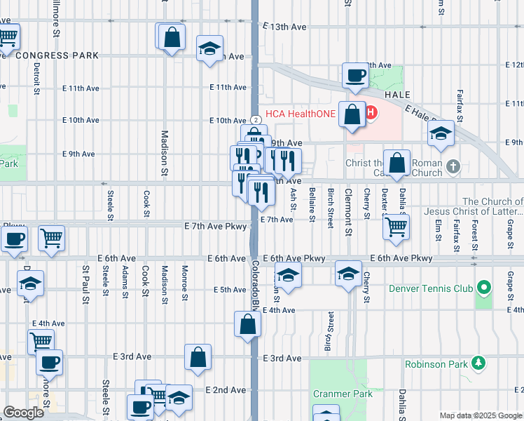 map of restaurants, bars, coffee shops, grocery stores, and more near 700 Colorado Boulevard in Denver