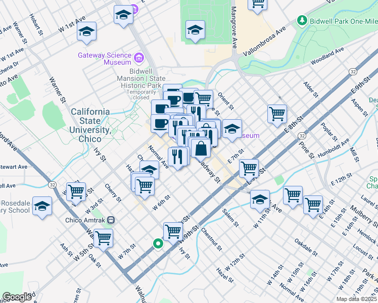 map of restaurants, bars, coffee shops, grocery stores, and more near 430 Broadway Street in Chico