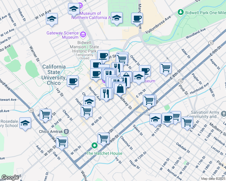 map of restaurants, bars, coffee shops, grocery stores, and more near 430 Broadway Street in Chico