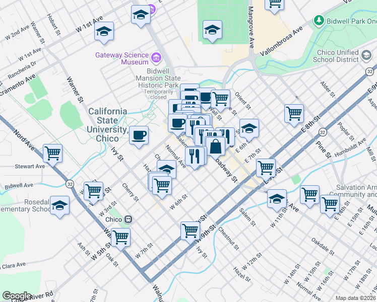 map of restaurants, bars, coffee shops, grocery stores, and more near 346 Salem Street in Chico