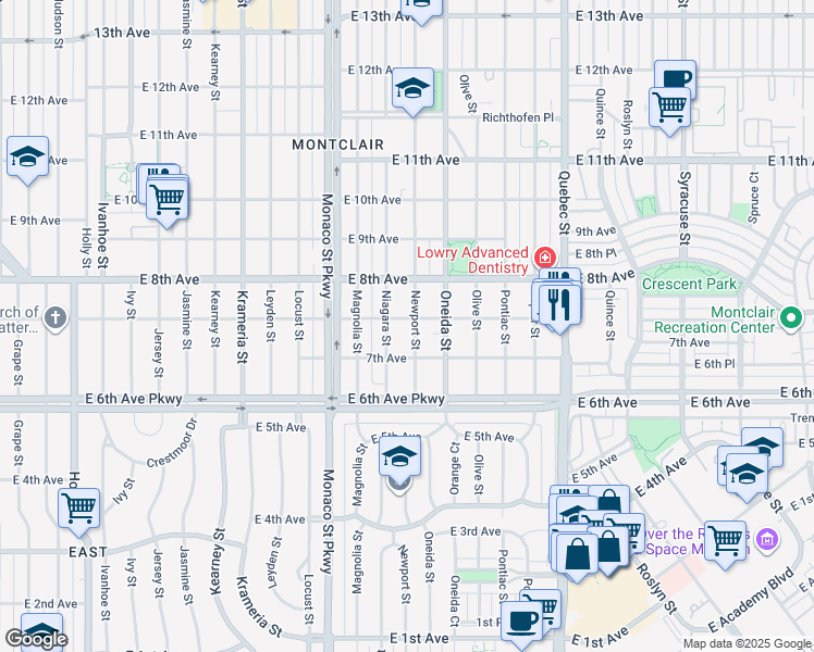 map of restaurants, bars, coffee shops, grocery stores, and more near 736 Niagara Street in Denver
