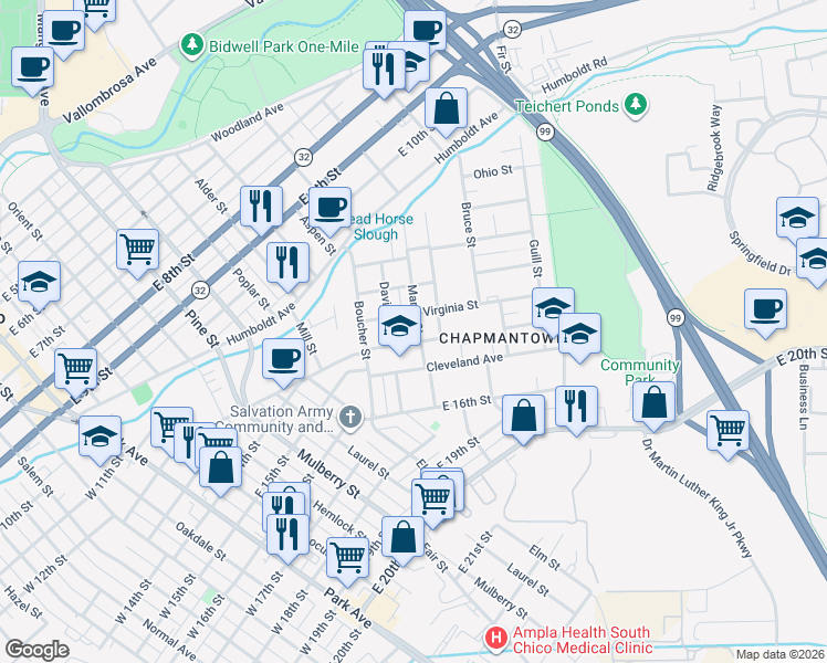 map of restaurants, bars, coffee shops, grocery stores, and more near 1418 Martin Street in Chico