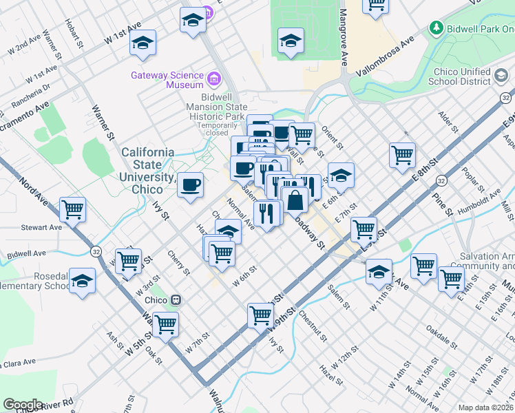 map of restaurants, bars, coffee shops, grocery stores, and more near 344 Salem Street in Chico