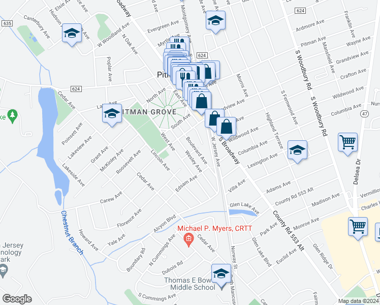 map of restaurants, bars, coffee shops, grocery stores, and more near 353 Wesley Avenue in Pitman