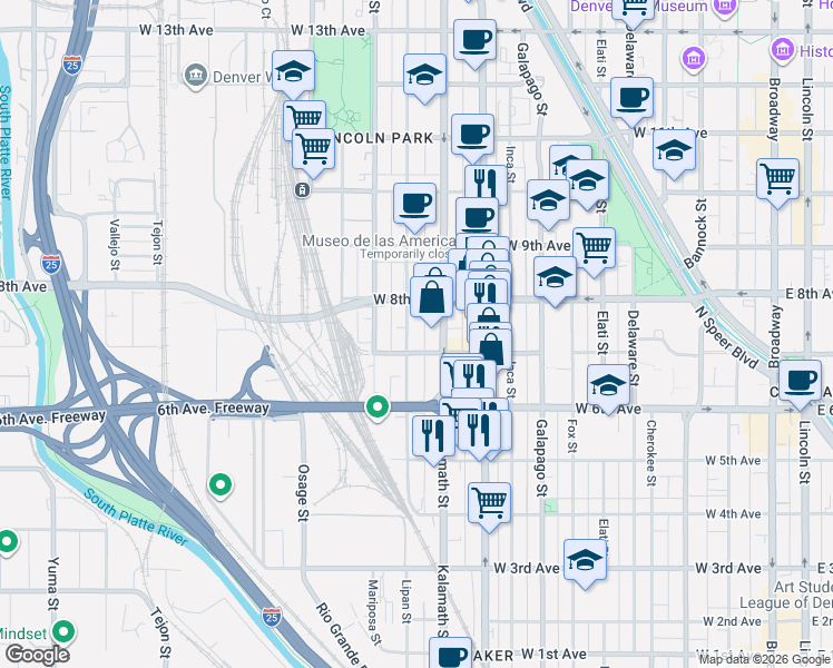 map of restaurants, bars, coffee shops, grocery stores, and more near 700 Lipan Street in Denver