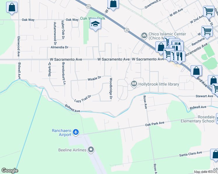 map of restaurants, bars, coffee shops, grocery stores, and more near 763 Woodbridge Drive in Chico