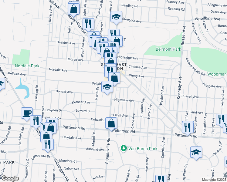 map of restaurants, bars, coffee shops, grocery stores, and more near 2730 South Smithville Road in Dayton