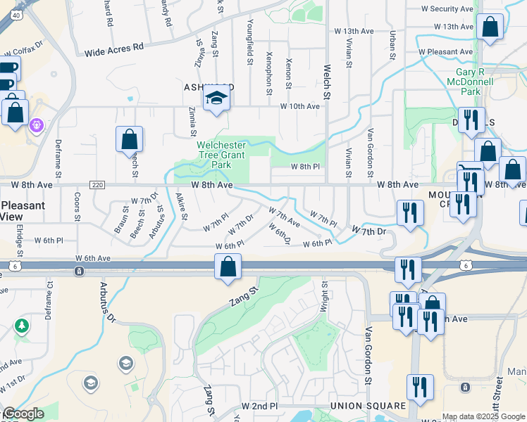 map of restaurants, bars, coffee shops, grocery stores, and more near 12710 West 6th Place in Golden