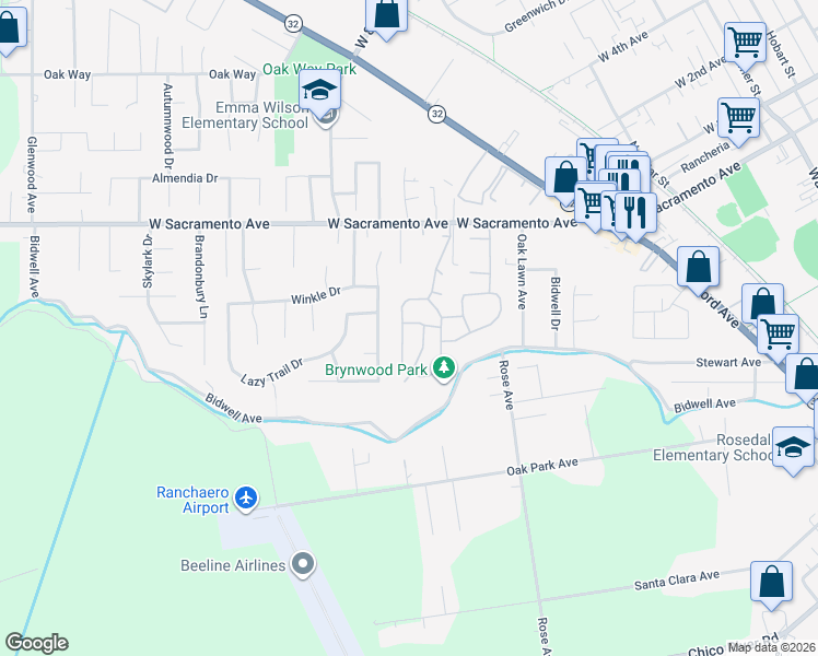 map of restaurants, bars, coffee shops, grocery stores, and more near 65 Knightsbridge Lane in Chico