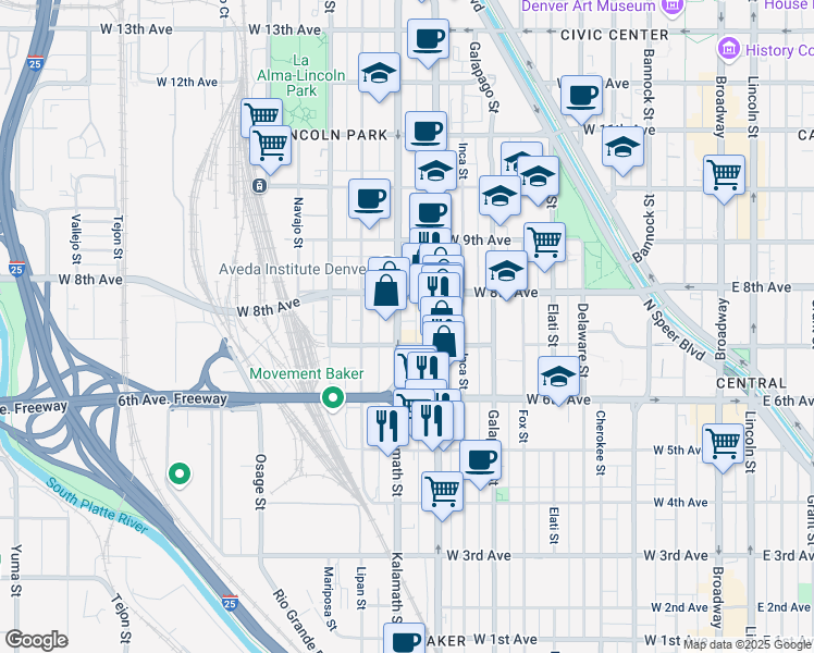 map of restaurants, bars, coffee shops, grocery stores, and more near 700 Kalamath Street in Denver