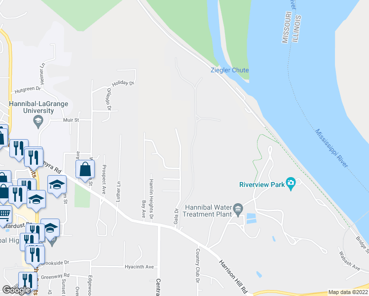 map of restaurants, bars, coffee shops, grocery stores, and more near 252 Gala Drive in Hannibal