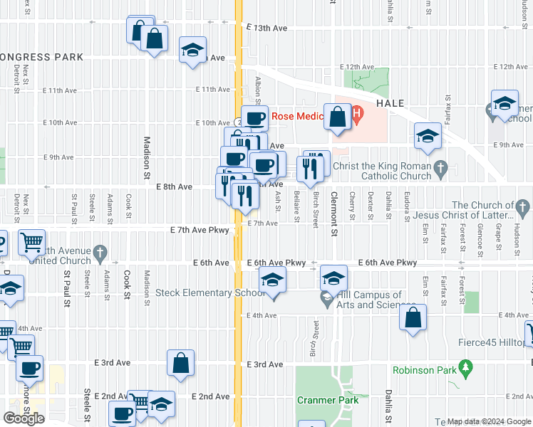 map of restaurants, bars, coffee shops, grocery stores, and more near 720 Albion Street in Denver