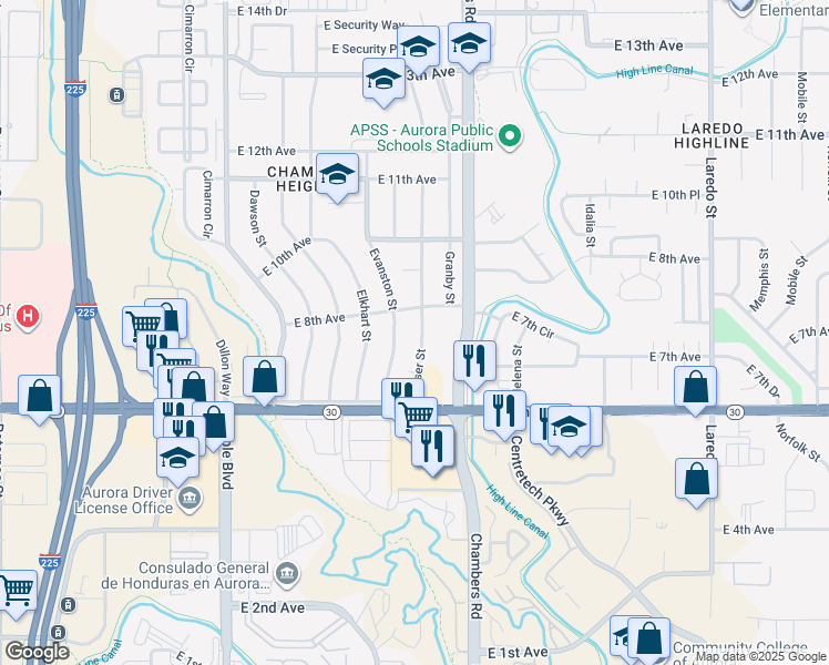 map of restaurants, bars, coffee shops, grocery stores, and more near 728 Evanston Street in Aurora