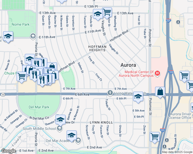 map of restaurants, bars, coffee shops, grocery stores, and more near 737 Troy Court in Aurora