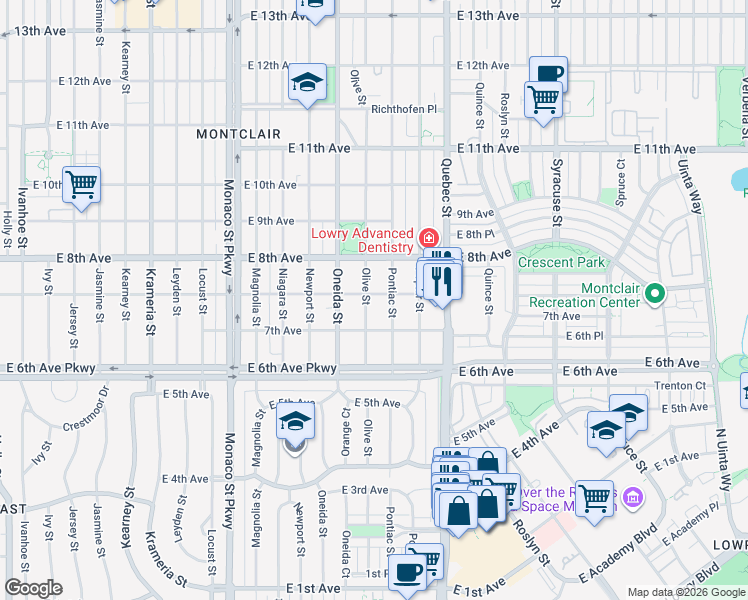 map of restaurants, bars, coffee shops, grocery stores, and more near 727 Olive Street in Denver
