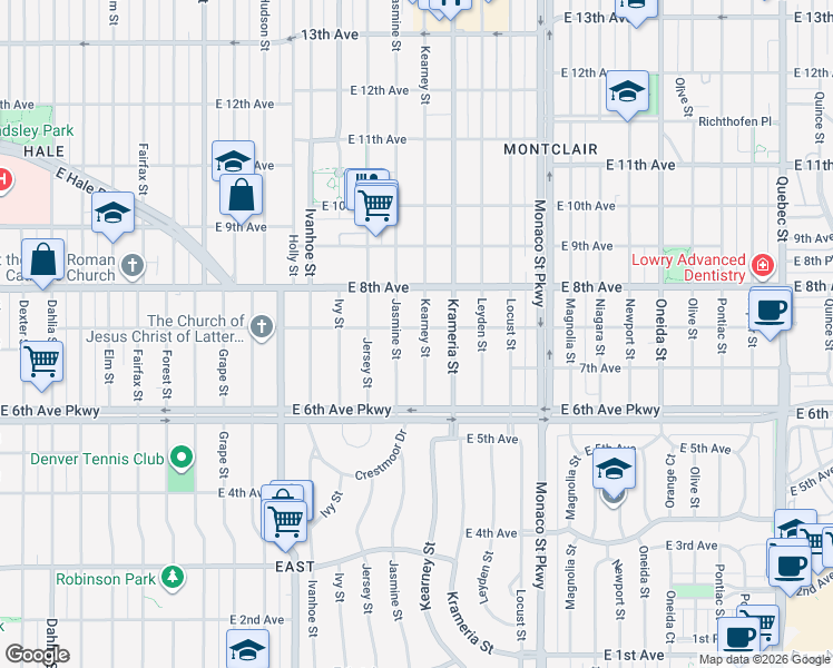 map of restaurants, bars, coffee shops, grocery stores, and more near 725 Kearney Street in Denver
