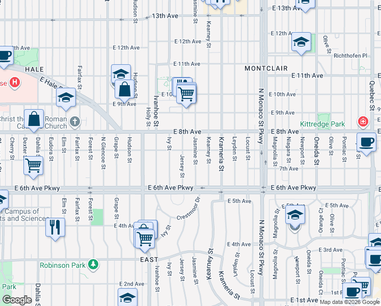 map of restaurants, bars, coffee shops, grocery stores, and more near 728 Jersey Street in Denver