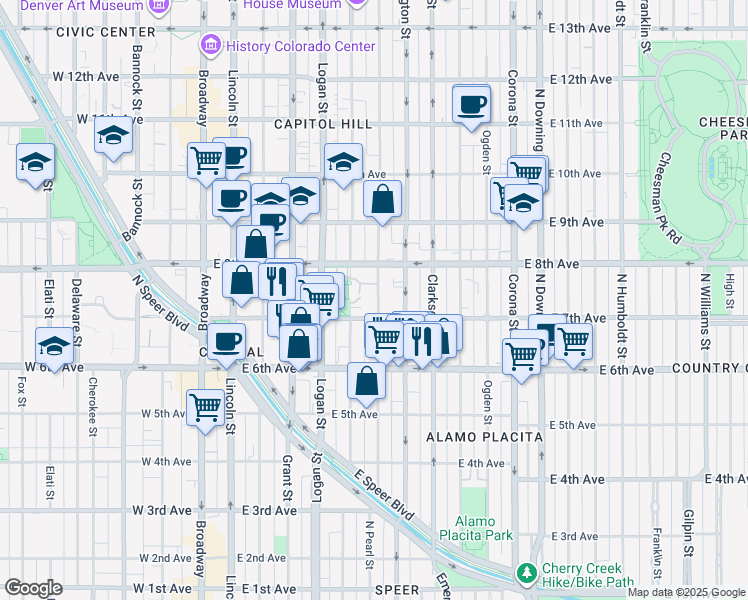 map of restaurants, bars, coffee shops, grocery stores, and more near 701 Pearl Street in Denver