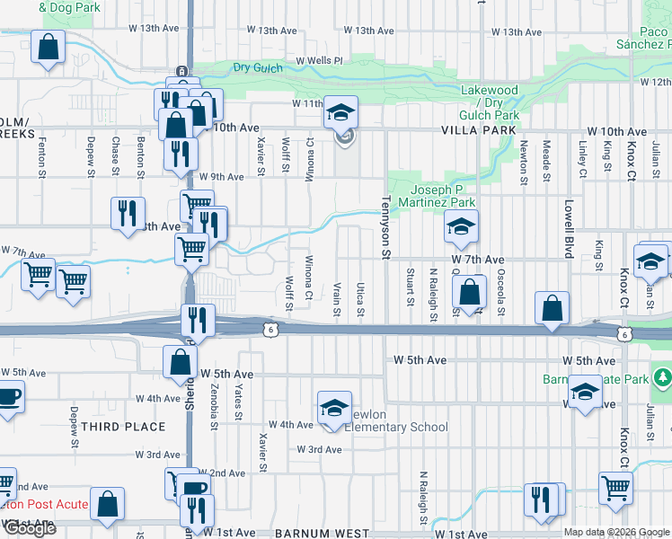 map of restaurants, bars, coffee shops, grocery stores, and more near 675 Vrain Street in Denver