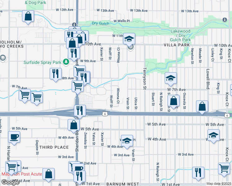 map of restaurants, bars, coffee shops, grocery stores, and more near 641 Winona Court in Denver