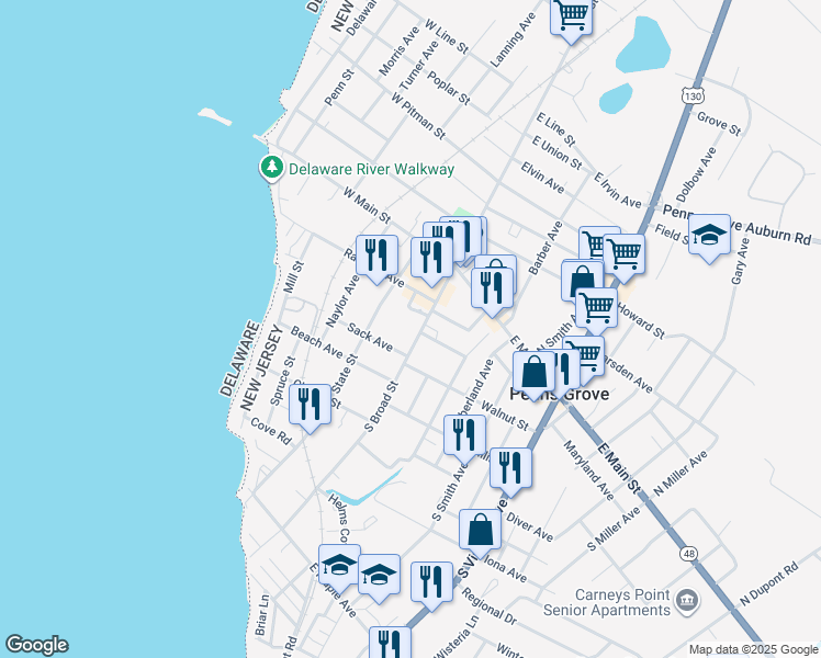 map of restaurants, bars, coffee shops, grocery stores, and more near 75 South Broad Street in Penns Grove