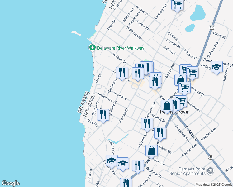 map of restaurants, bars, coffee shops, grocery stores, and more near 87 State Street in Penns Grove