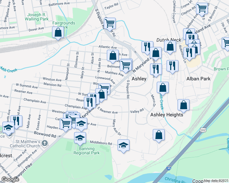 map of restaurants, bars, coffee shops, grocery stores, and more near 9 East Summit Avenue in Wilmington