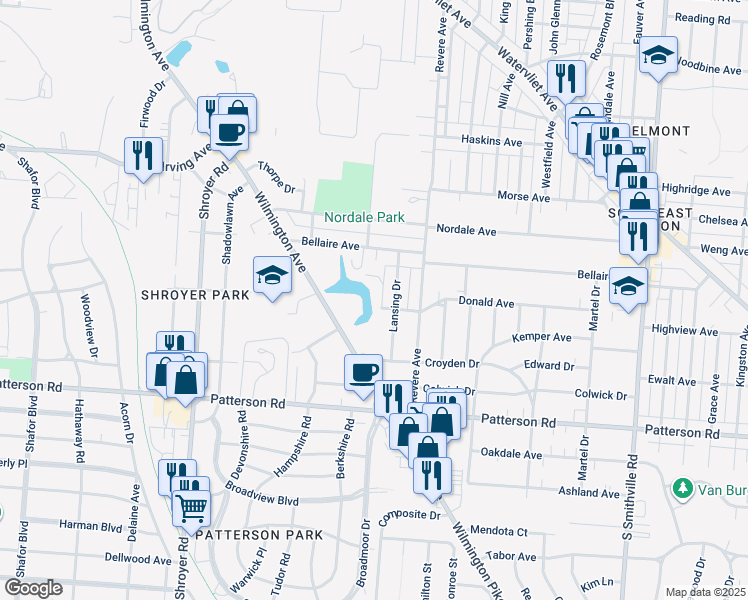 map of restaurants, bars, coffee shops, grocery stores, and more near 2855 Lake Shore Place in Dayton