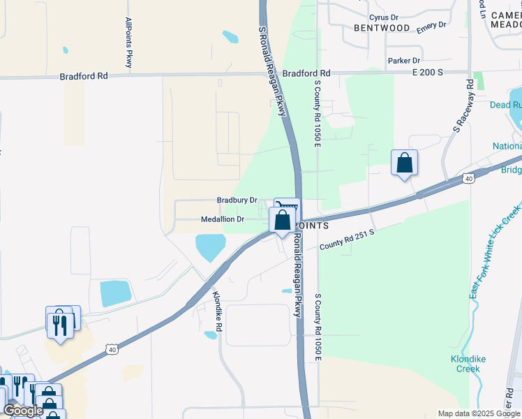 map of restaurants, bars, coffee shops, grocery stores, and more near 10290 Medallion Drive in Indianapolis