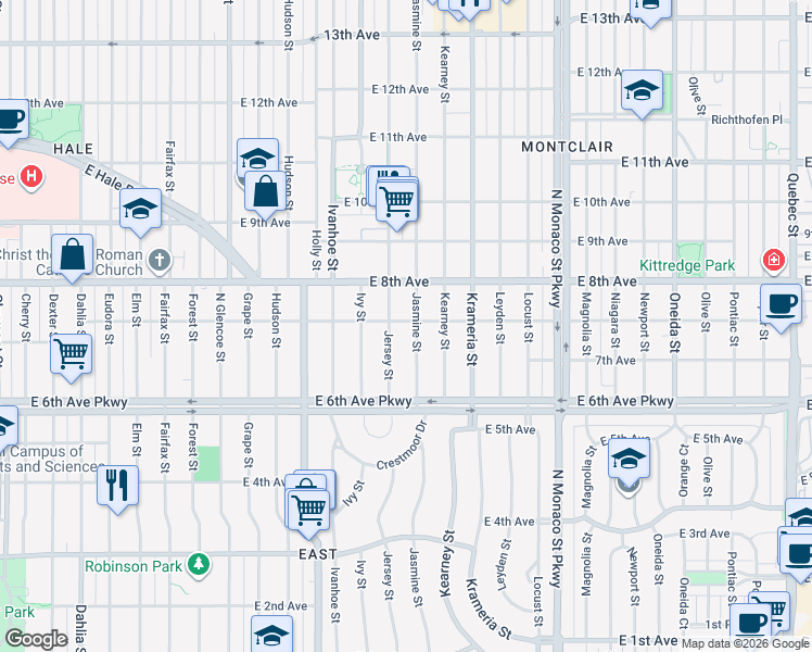 map of restaurants, bars, coffee shops, grocery stores, and more near 728 Jersey Street in Denver