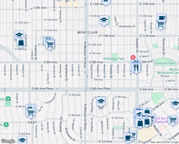 map of restaurants, bars, coffee shops, grocery stores, and more near 730 Magnolia Street in Denver