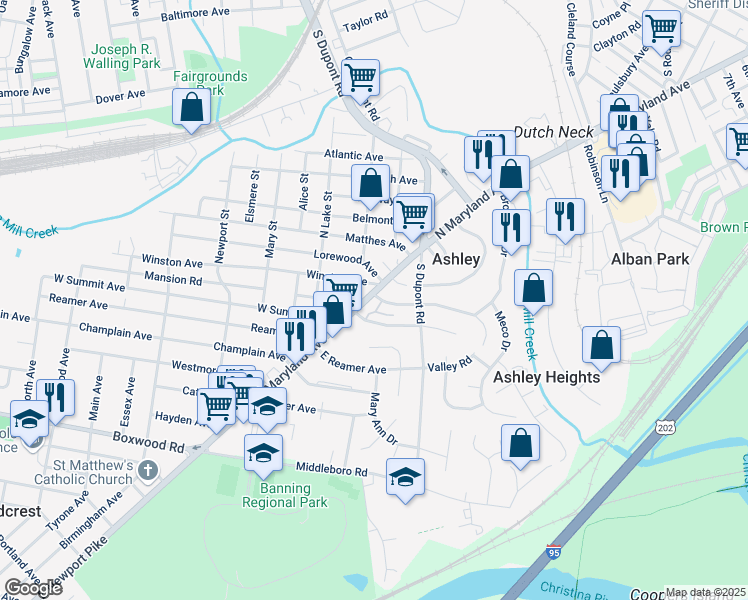 map of restaurants, bars, coffee shops, grocery stores, and more near 100 South Maryland Avenue in Wilmington