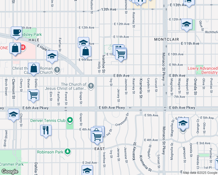 map of restaurants, bars, coffee shops, grocery stores, and more near 730 Ivy Street in Denver