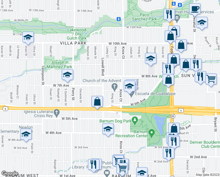 map of restaurants, bars, coffee shops, grocery stores, and more near 3511 West 7th Avenue in Denver