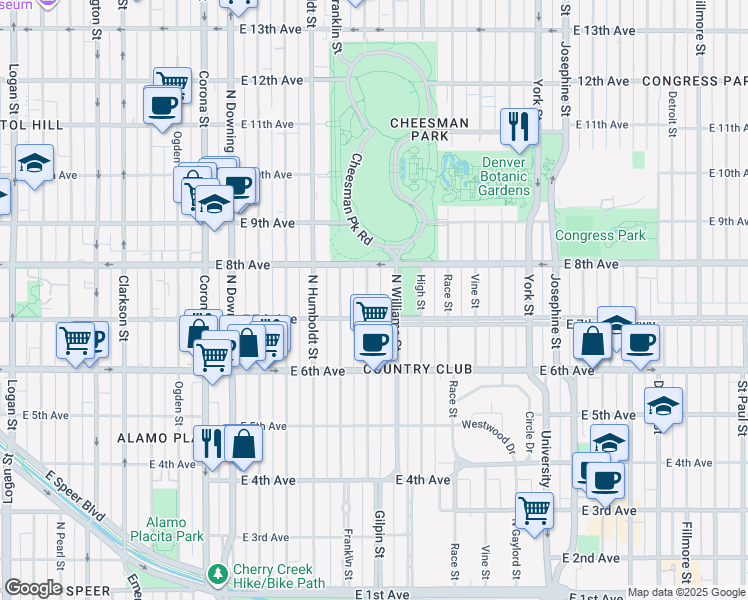 map of restaurants, bars, coffee shops, grocery stores, and more near 730 Gilpin Street in Denver