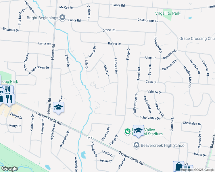 map of restaurants, bars, coffee shops, grocery stores, and more near 2820 Oriole Drive in Dayton