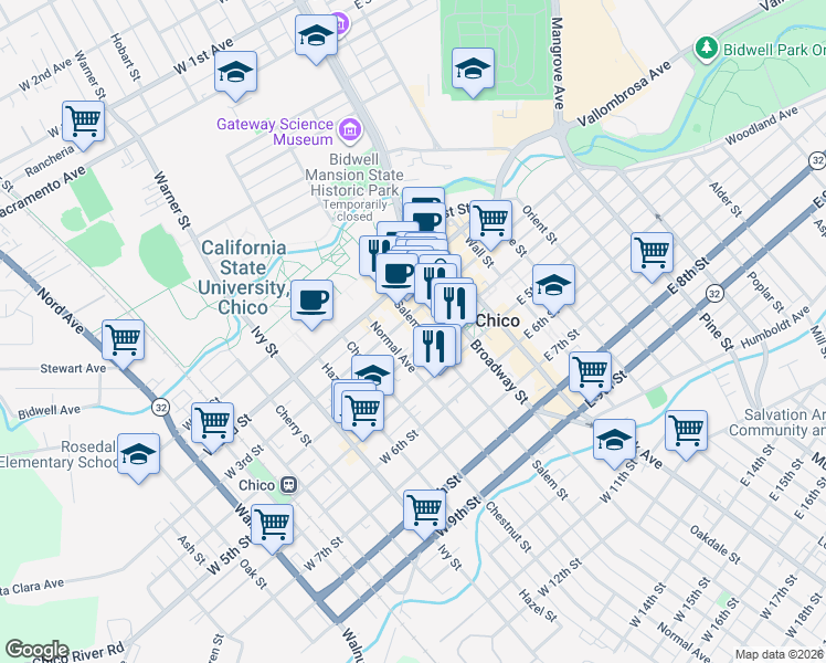 map of restaurants, bars, coffee shops, grocery stores, and more near 310 Salem Street in Chico