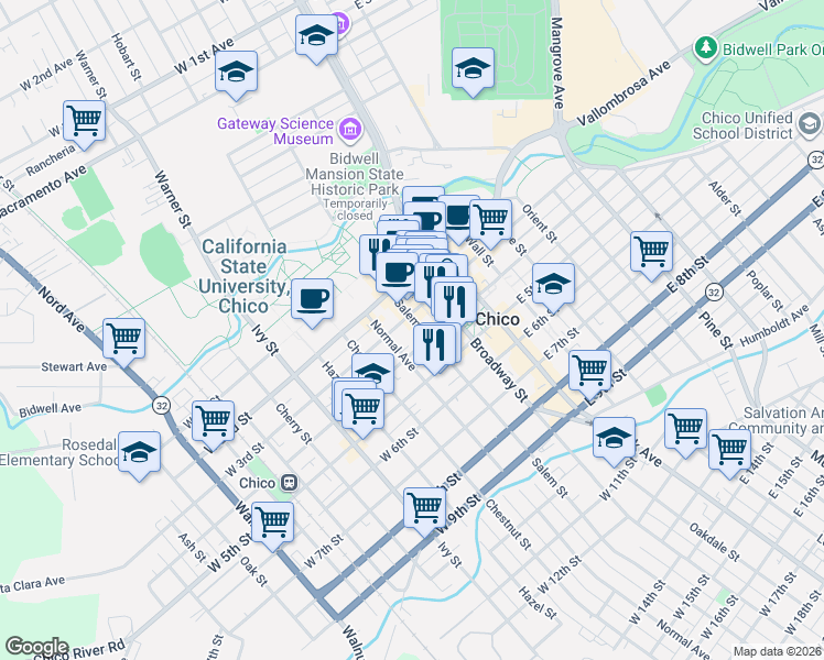 map of restaurants, bars, coffee shops, grocery stores, and more near 310 Salem Street in Chico