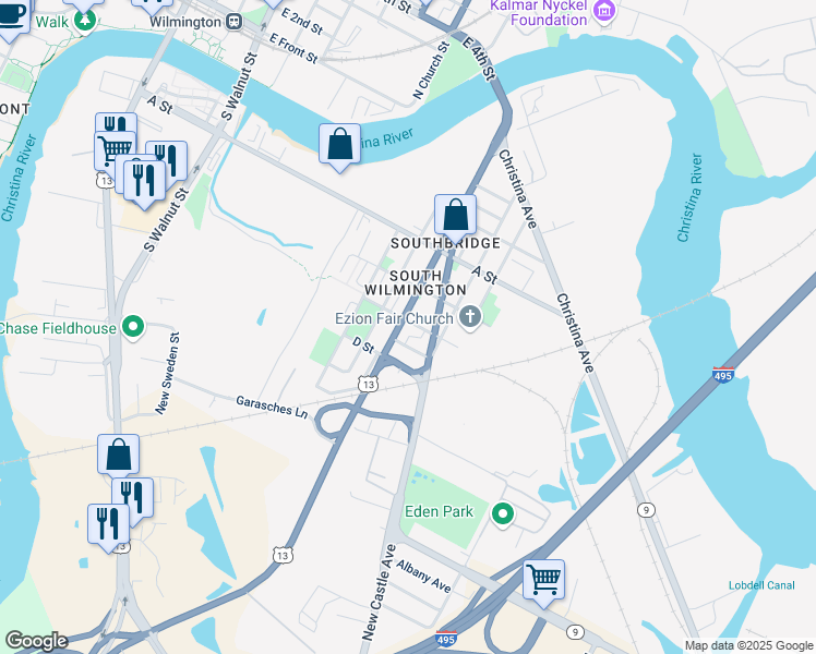 map of restaurants, bars, coffee shops, grocery stores, and more near 600 South Heald Street in Wilmington