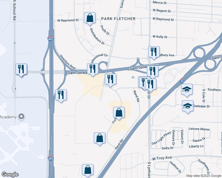map of restaurants, bars, coffee shops, grocery stores, and more near 2602 Fortune Circle Drive East in Indianapolis