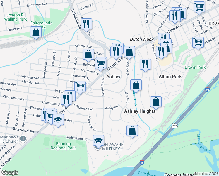 map of restaurants, bars, coffee shops, grocery stores, and more near 104 Valley Road in Wilmington