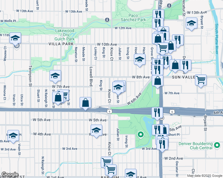 map of restaurants, bars, coffee shops, grocery stores, and more near 695 Julian Street in Denver