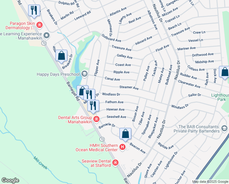 map of restaurants, bars, coffee shops, grocery stores, and more near 1195 Windlass Drive in Stafford Township