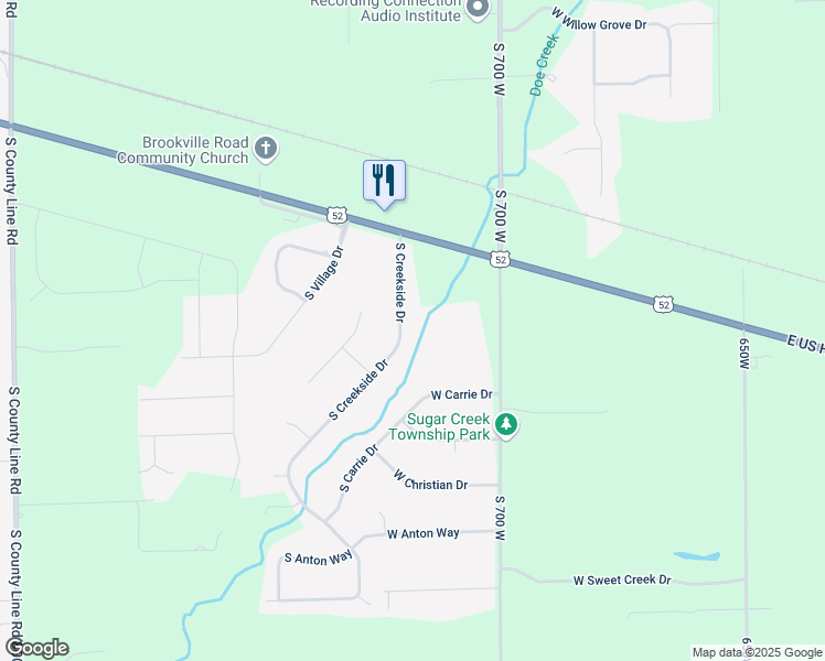 map of restaurants, bars, coffee shops, grocery stores, and more near 3951 South Creekside Drive in New Palestine