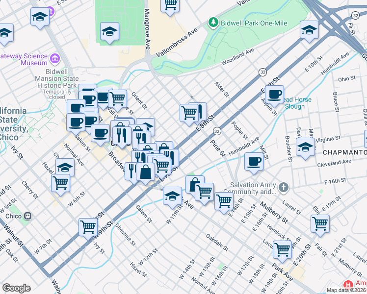 map of restaurants, bars, coffee shops, grocery stores, and more near in Chico