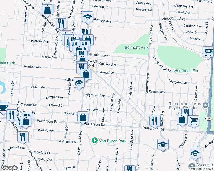 map of restaurants, bars, coffee shops, grocery stores, and more near 1027 Watervliet Avenue in Dayton