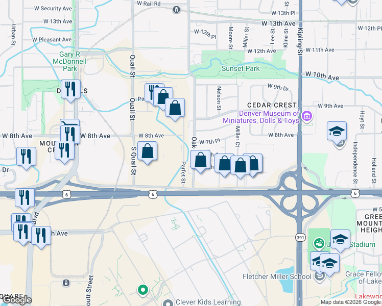 map of restaurants, bars, coffee shops, grocery stores, and more near 10747 West 6th Place in Lakewood