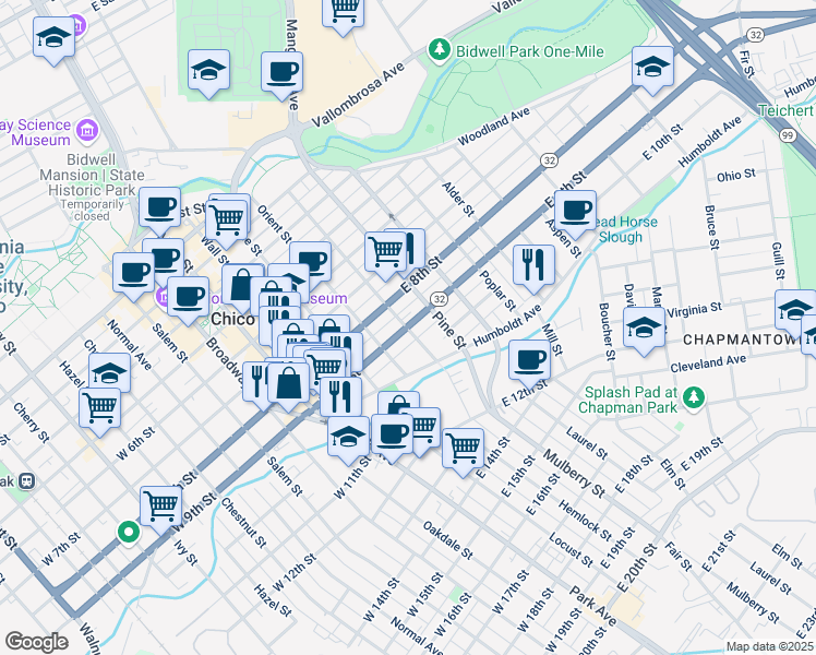map of restaurants, bars, coffee shops, grocery stores, and more near East 9th Street & Olive Street in Chico